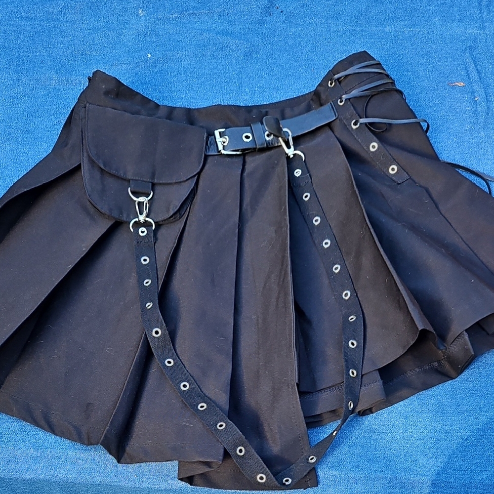 Black Skater Skirt Pleated with Belt and Tie